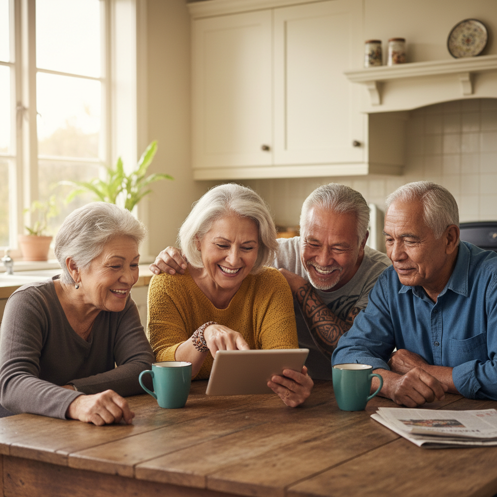 Older New Zealanders smiling together as they learn to use a tablet and laptop at a sunlit kitchen table.